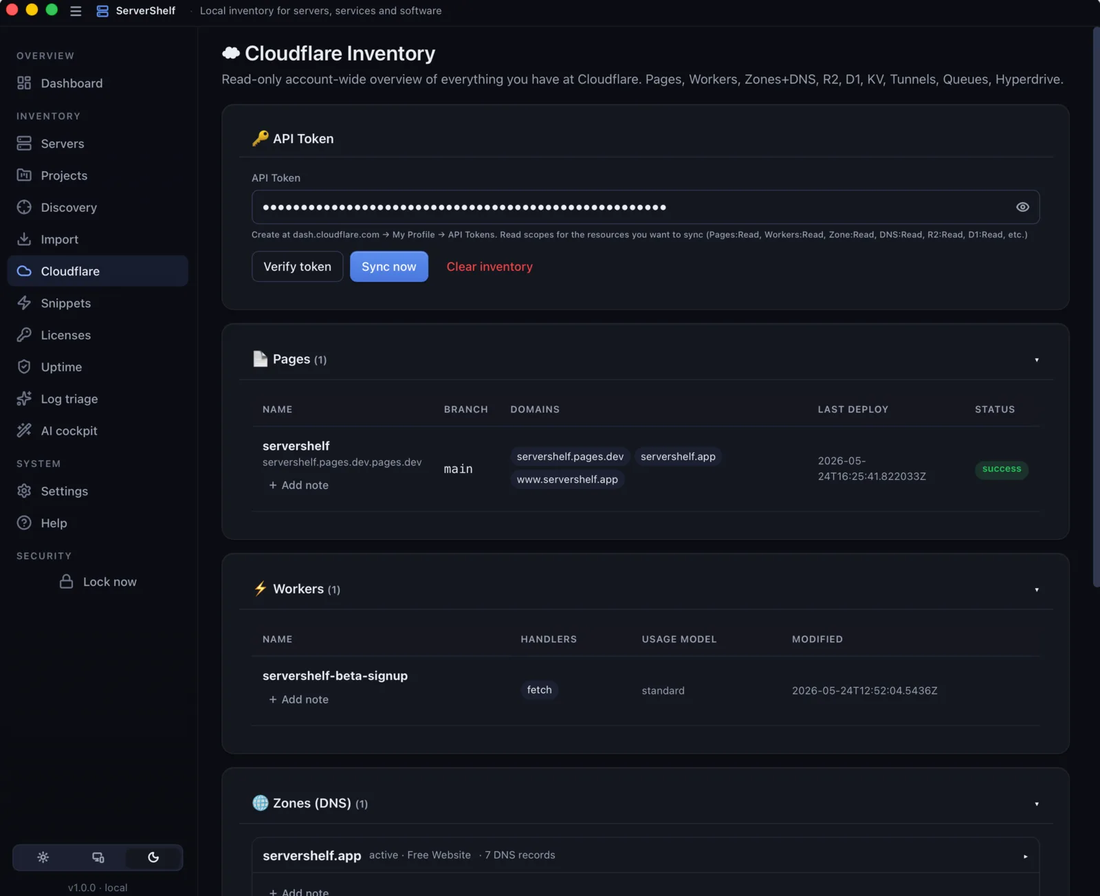 Cloudflare account inventory — ServerShelf
