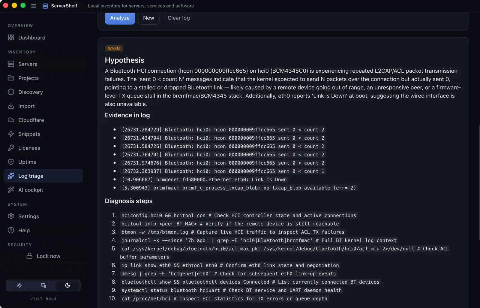 AI log triage — ServerShelf