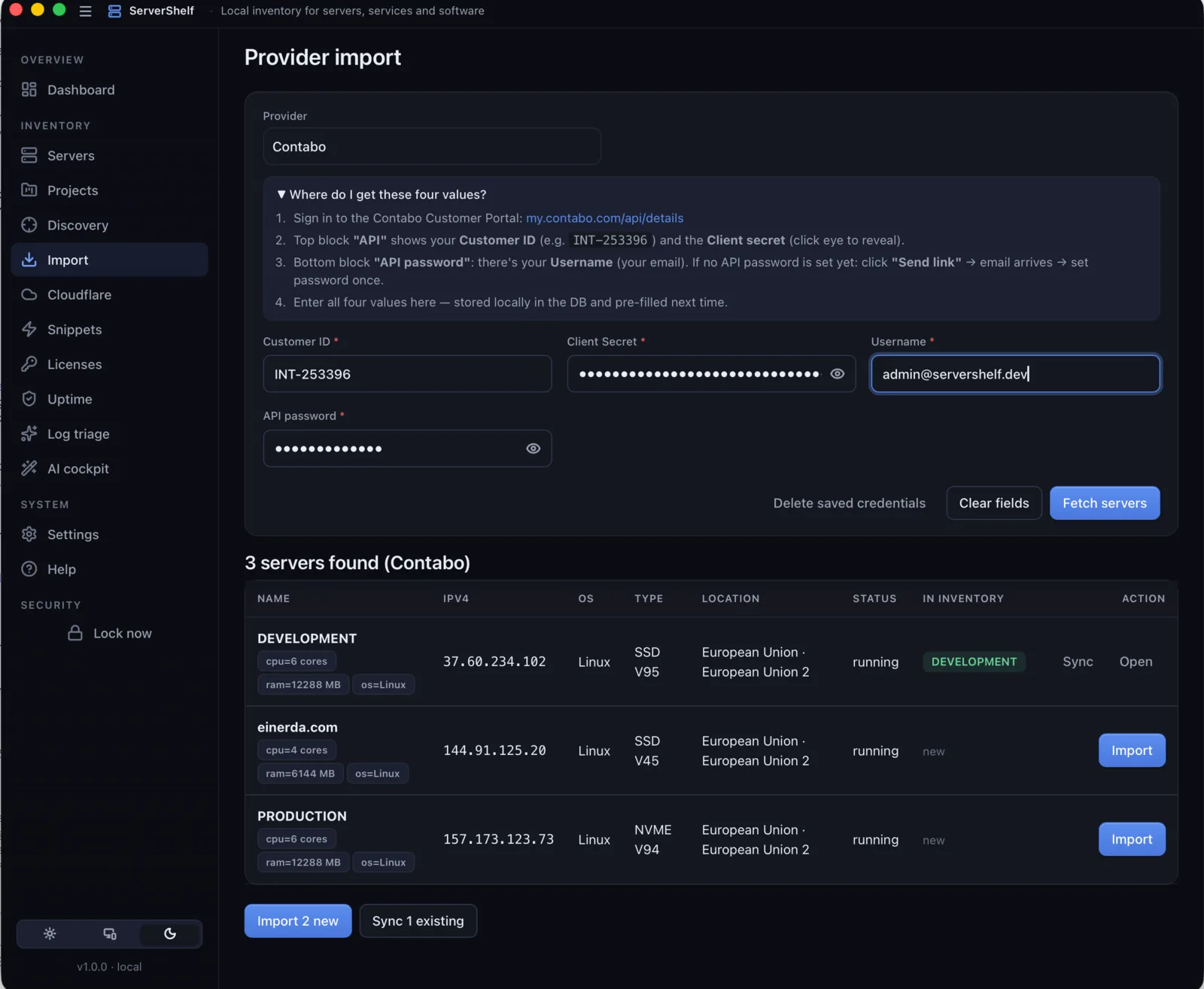 Provider import — ServerShelf