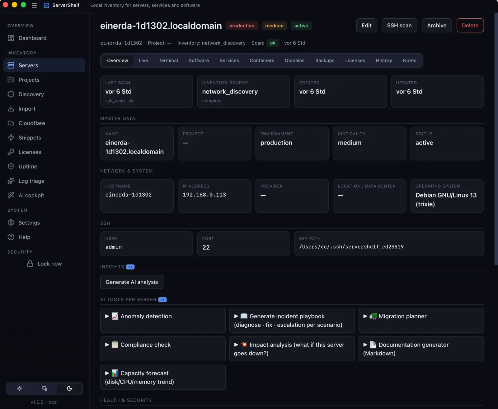 Server detail — Overview & AI tools — ServerShelf