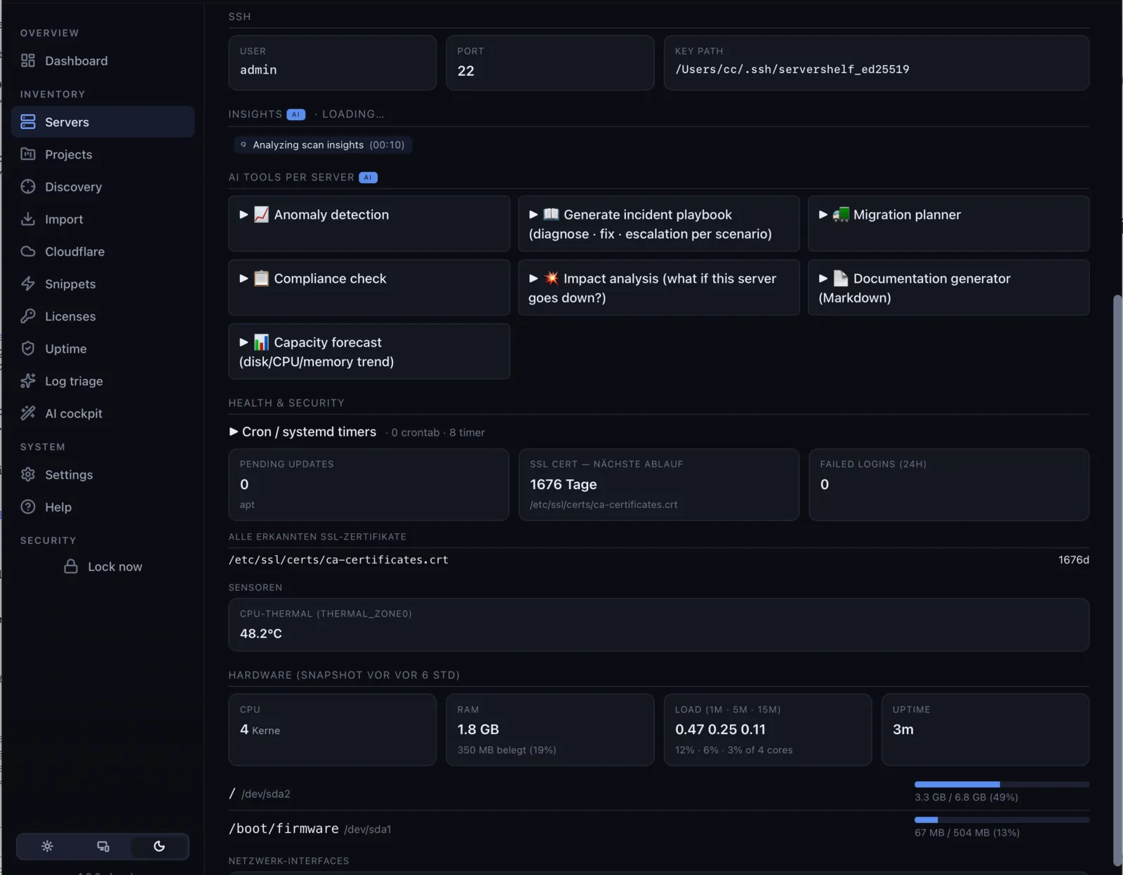 Server detail — Health & hardware — ServerShelf