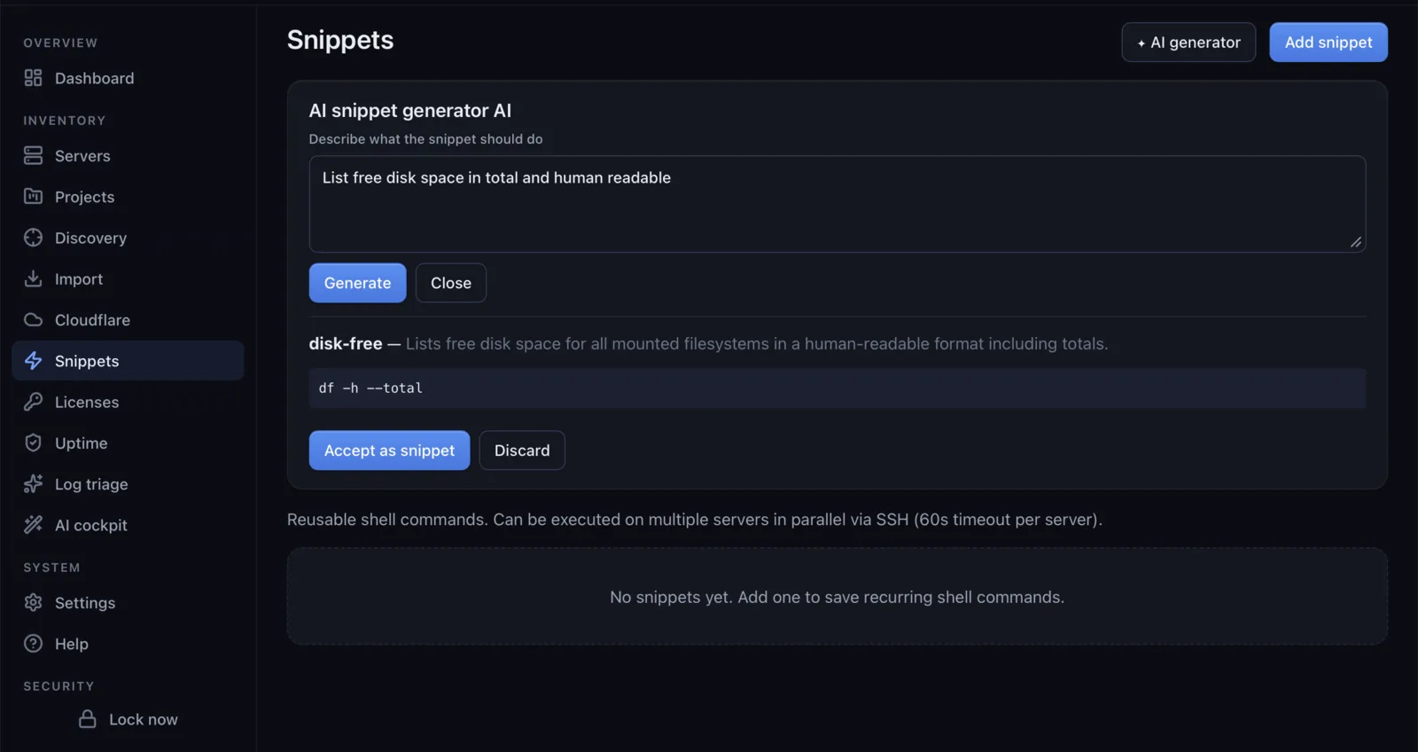 Snippets & AI generator — ServerShelf