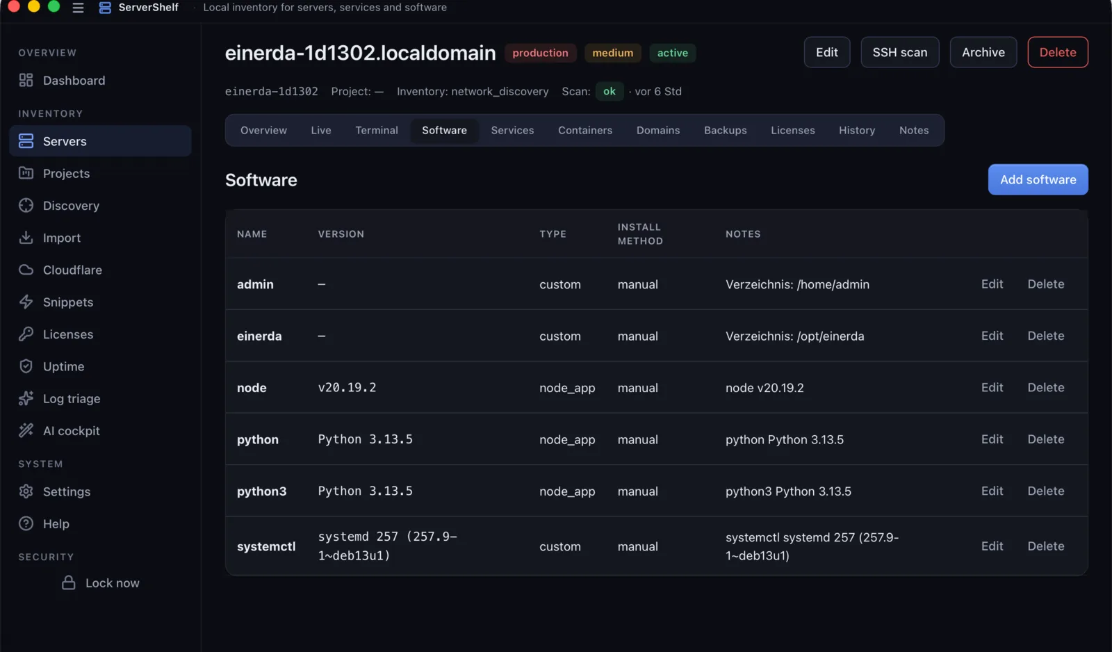 Software inventory — ServerShelf