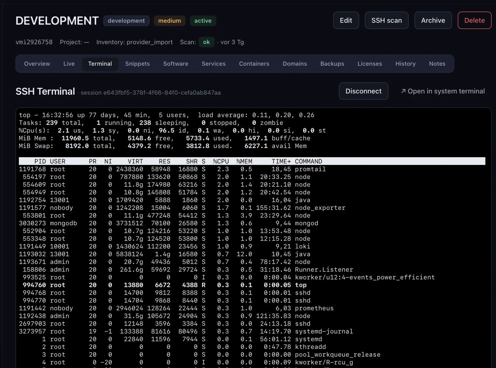 Integrated SSH terminal — ServerShelf